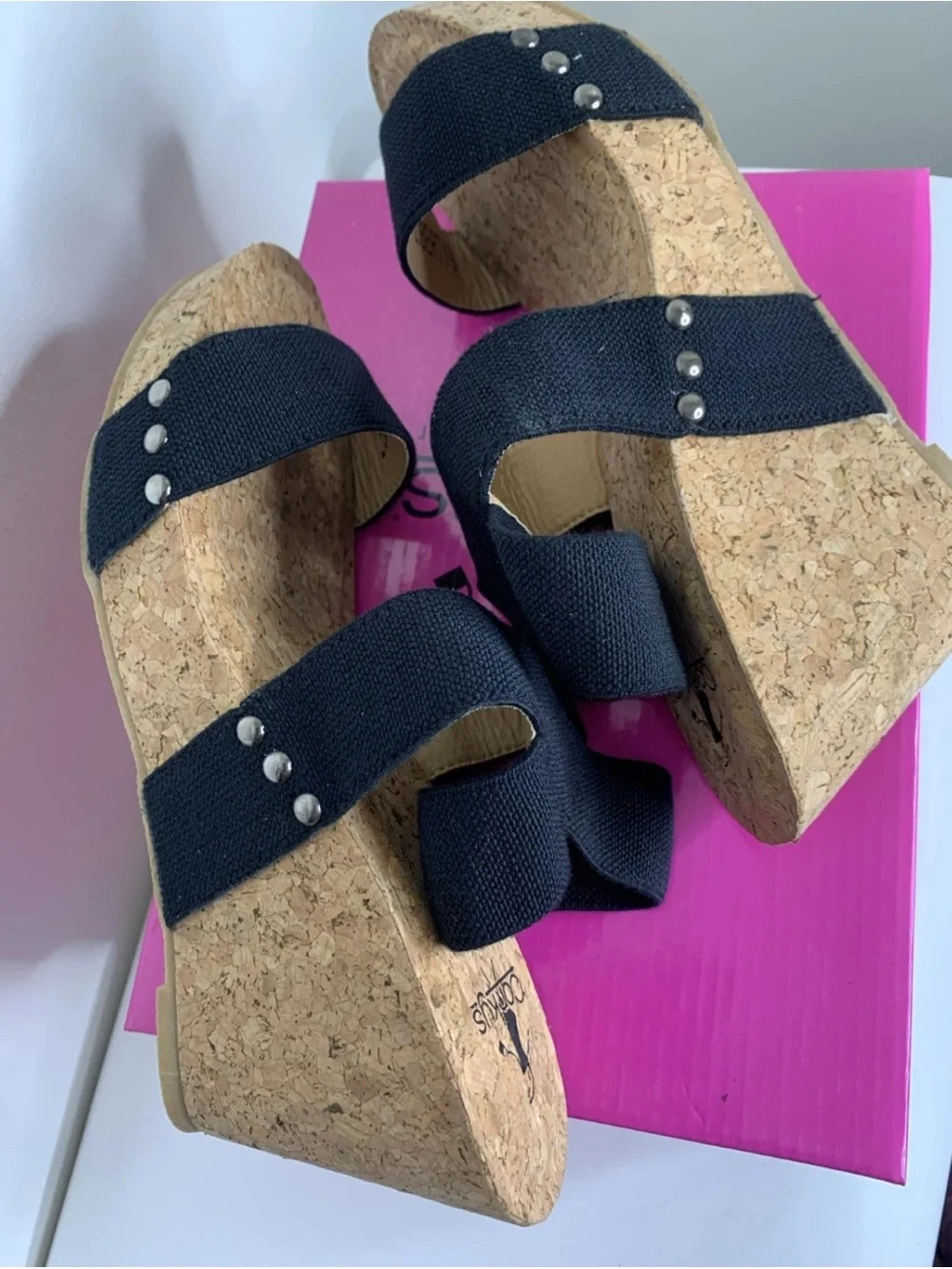 Corky’s Liberty Black Shoes Size 9 Platform Wedge Strappy Cork Sole New In Box